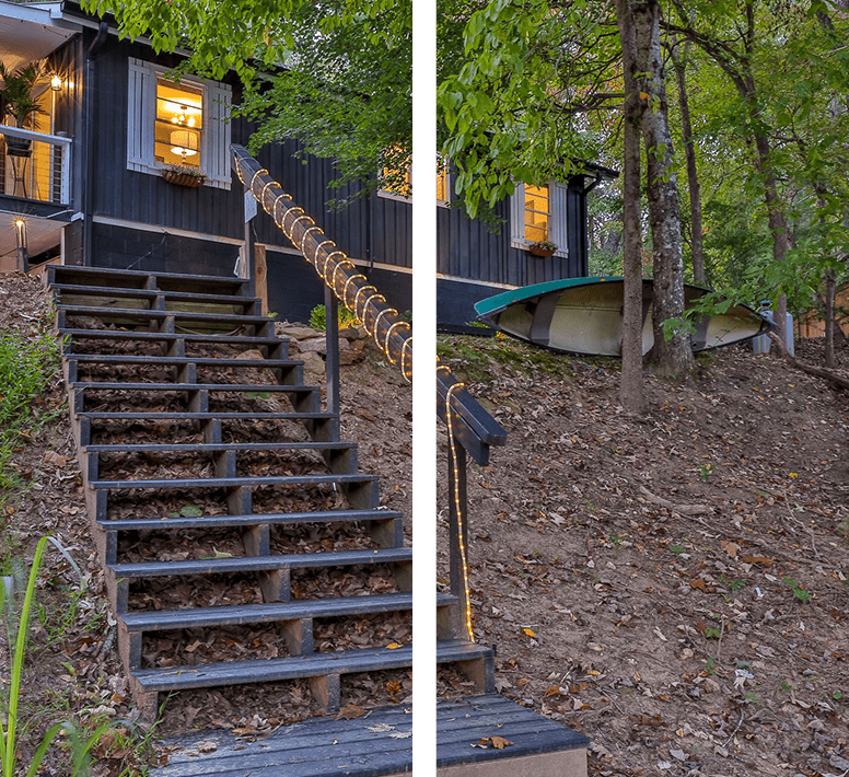 A house with stairs leading to the top of it.