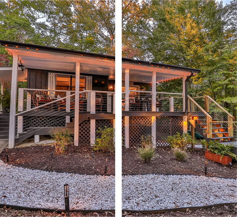 A house with a porch and steps leading to the front.